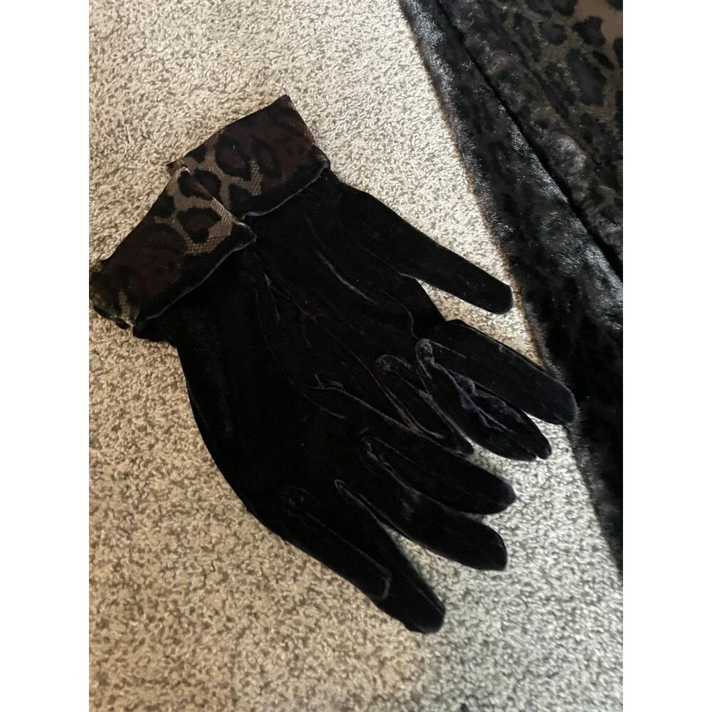 Kenneth Cole Faux Fur Leopard Stole Scarf + Velvet Gloves Set Vintage